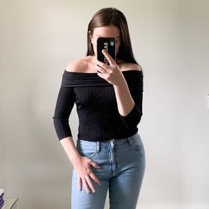 Zara Knit Black Off the shoulder Ribbed Cropped 3/4 Sleeve Top Small
